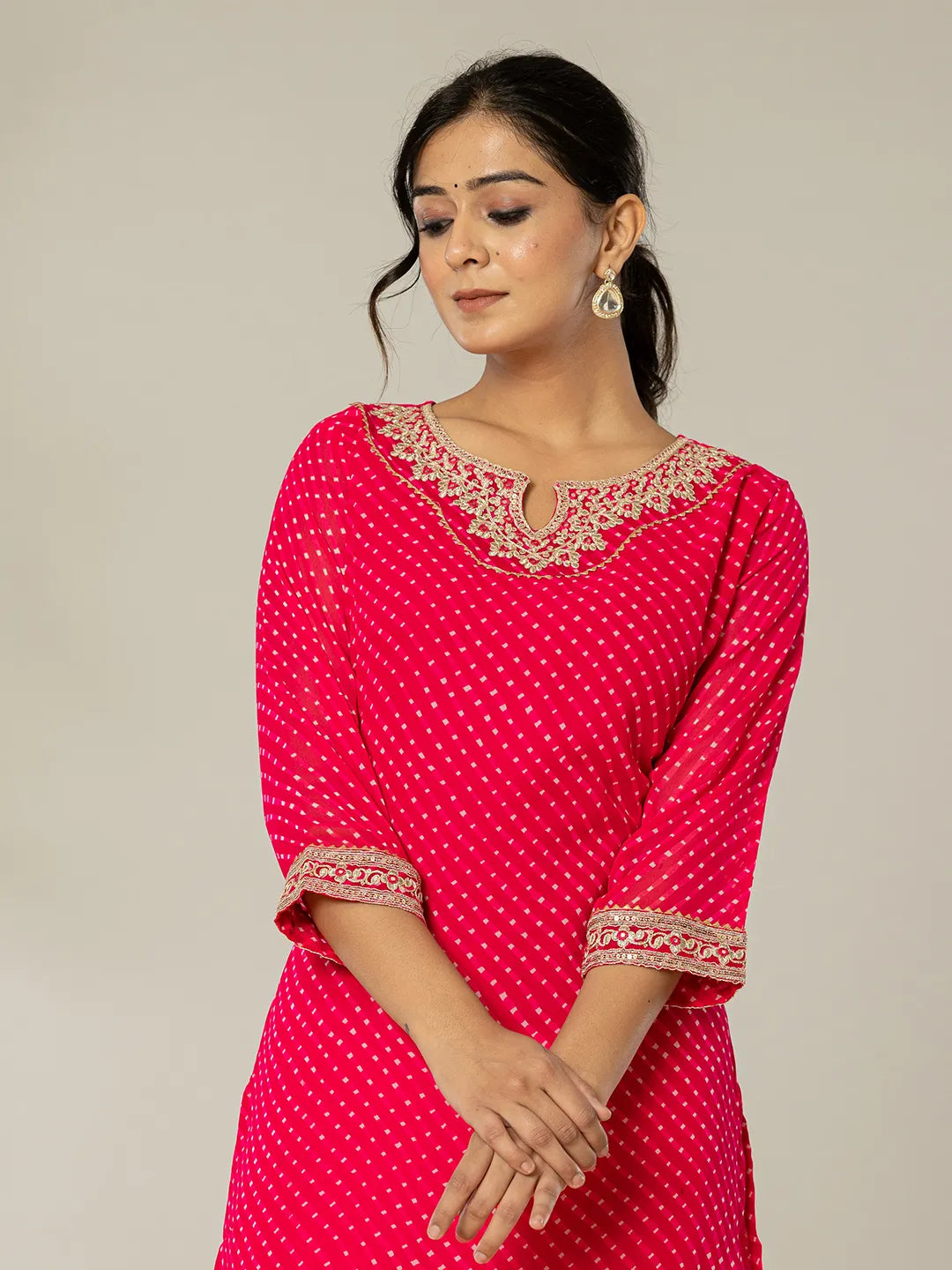 Hot Pink Georgette Lehriya Embroidery Kurta