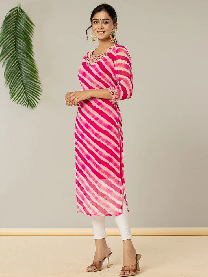 Pink Georgette Lehriya Embroidery Kurta