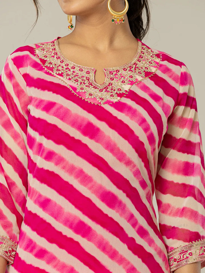 Pink Georgette Lehriya Embroidery Kurta