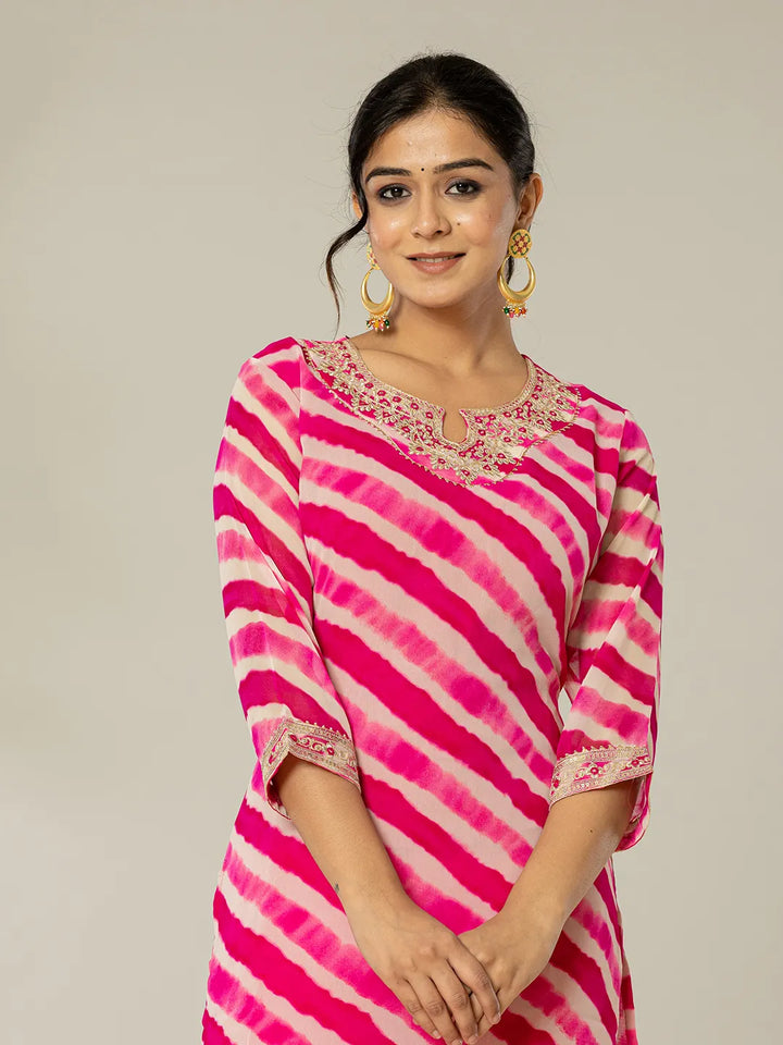 Pink Georgette Lehriya Embroidery Kurta