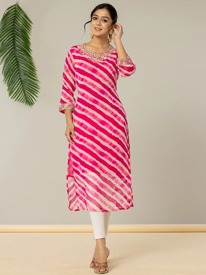 Pink Georgette Lehriya Embroidery Kurta