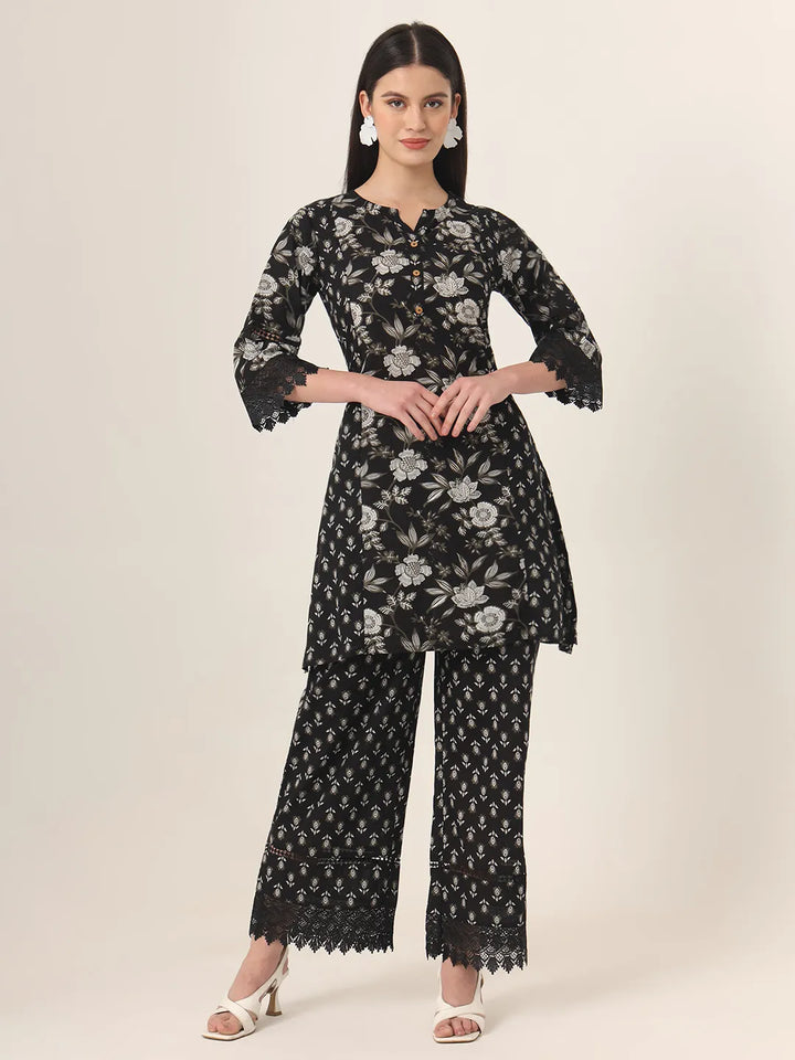 Black Pure Cotton Co-Ord Set-Yufta Store-1775CRDBKS