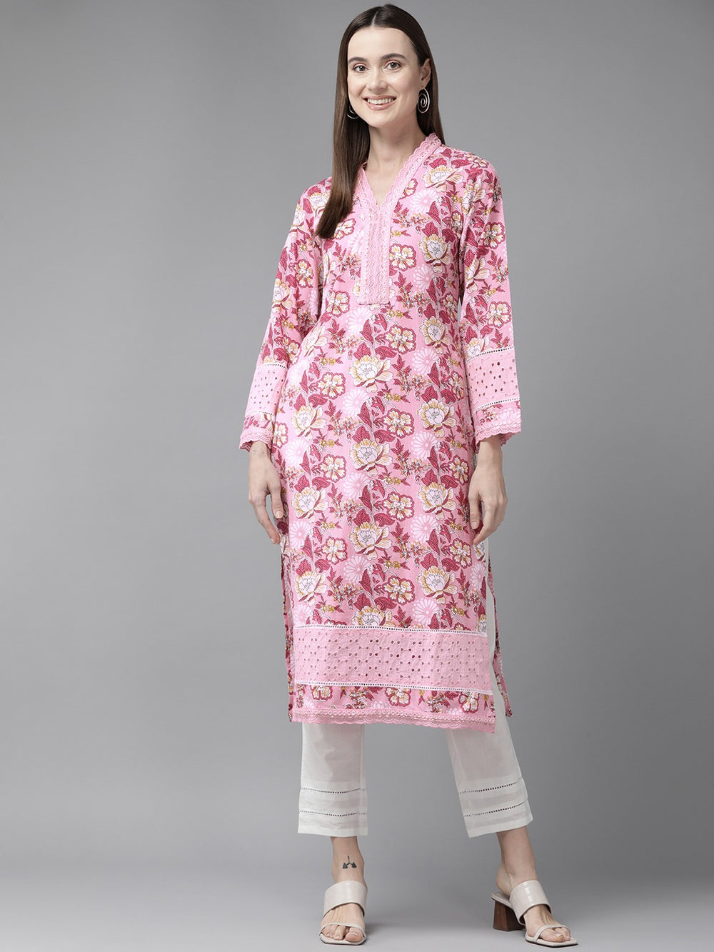 Pink Pure Cotton kurta set with embroidery Kurta Trouser Set-Yufta Store
