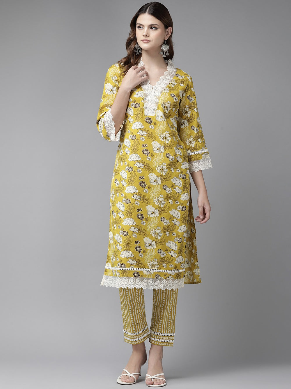 Mustard Pure Cotton kurta set with embroidery Kurta Trouser Set-Yufta Store