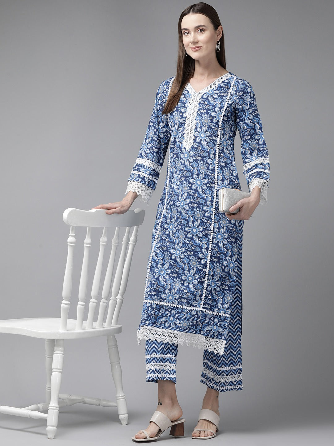 Blue Pure Cotton kurta set with embroidery Kurta Trouser Set-Yufta Store