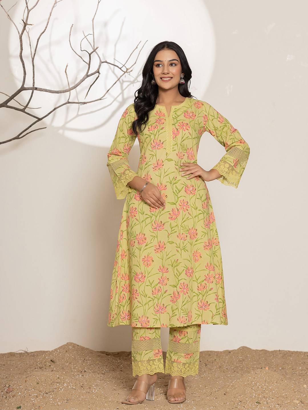 Green Cotton A-Line Kurta Set-Yufta Store-1796SETGRS