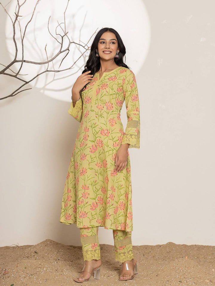 Green Cotton A-Line Kurta Set-Yufta Store-1796SETGRS