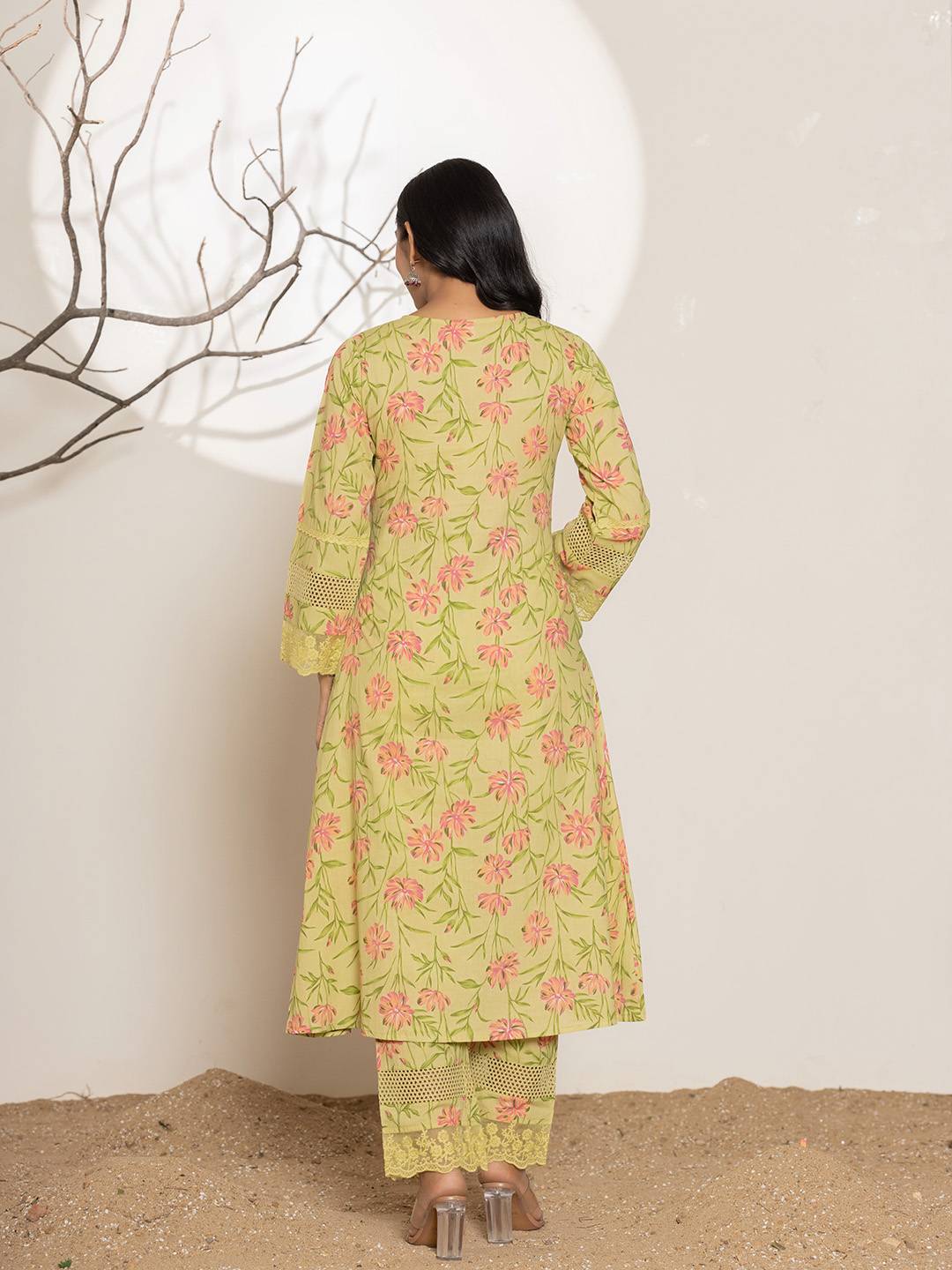 Green Cotton A-Line Kurta Set-Yufta Store-1796SETGRS