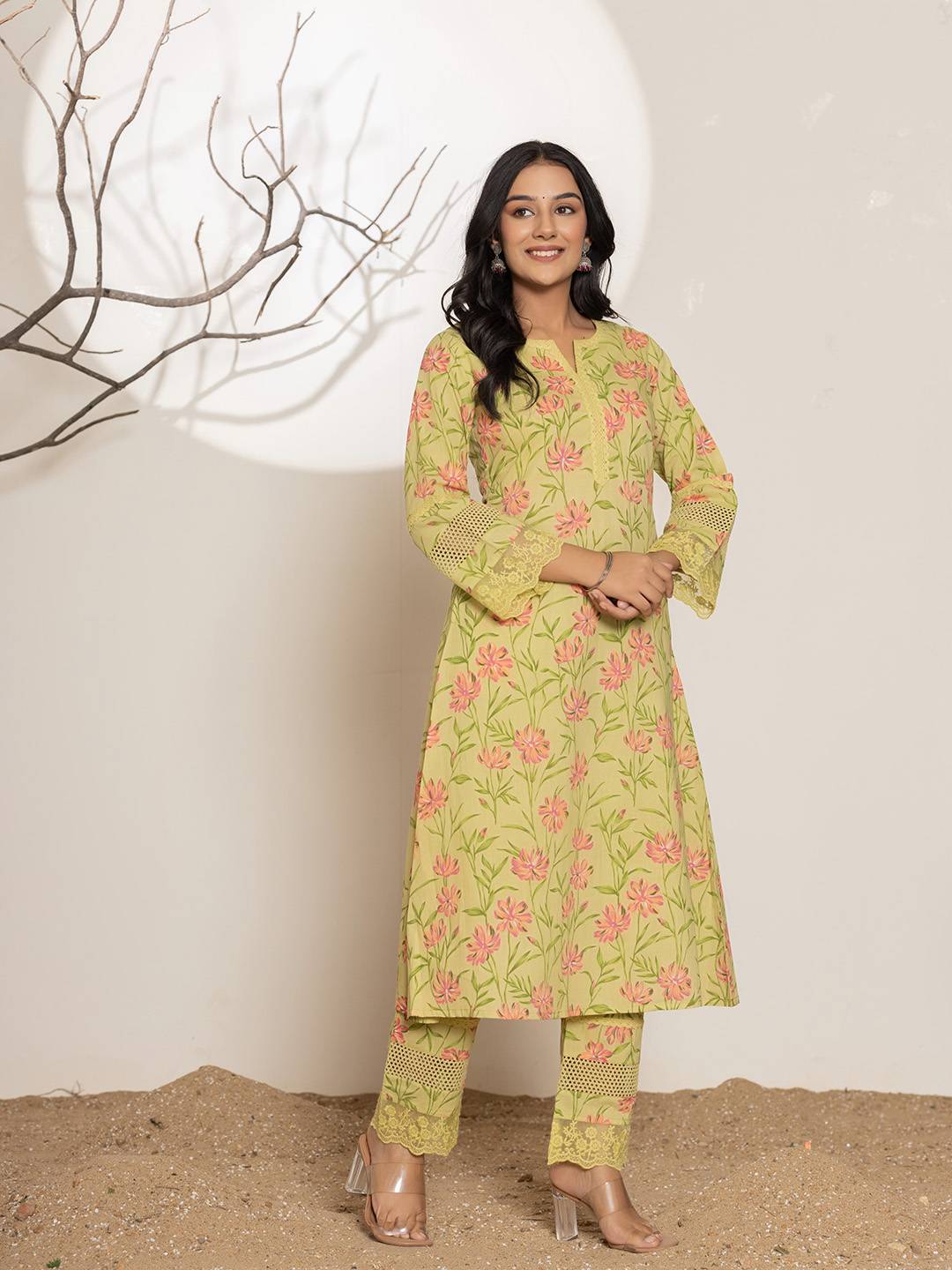 Green Cotton A-Line Kurta Set-Yufta Store-1796SETGRS