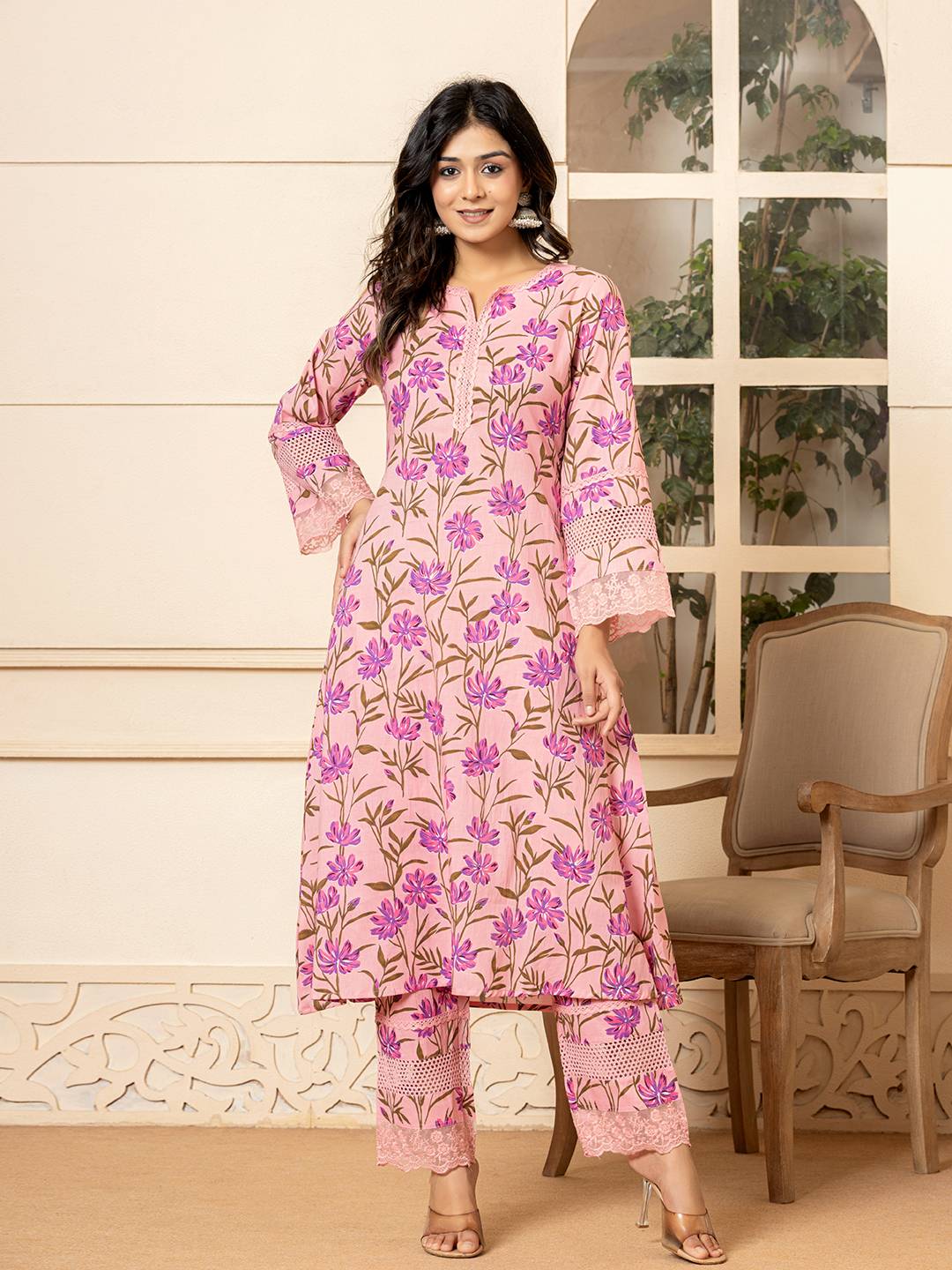 Pink Cotton Straight Pakistani Style Kurta Set-Yufta Store-1796SETPKS