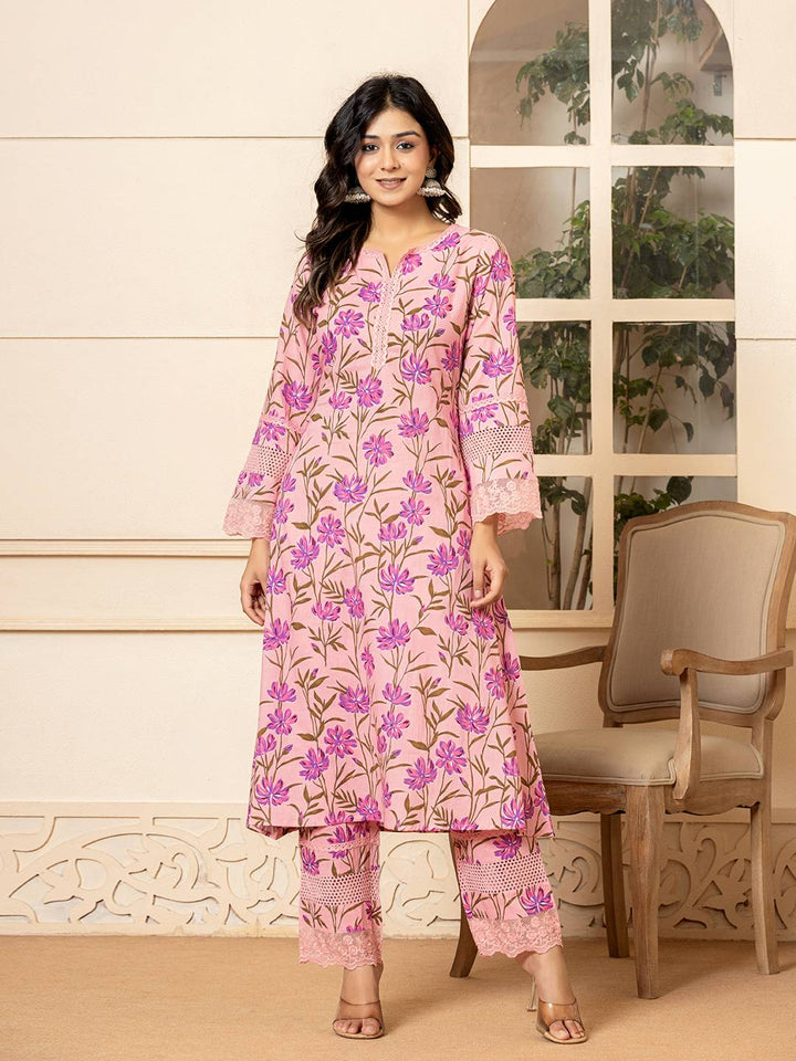 Pink Cotton Straight Pakistani Style Kurta Set-Yufta Store-1796SETPKS