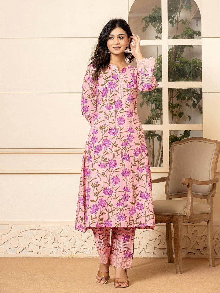 Pink Cotton Straight Pakistani Style Kurta Set-Yufta Store-1796SETPKS