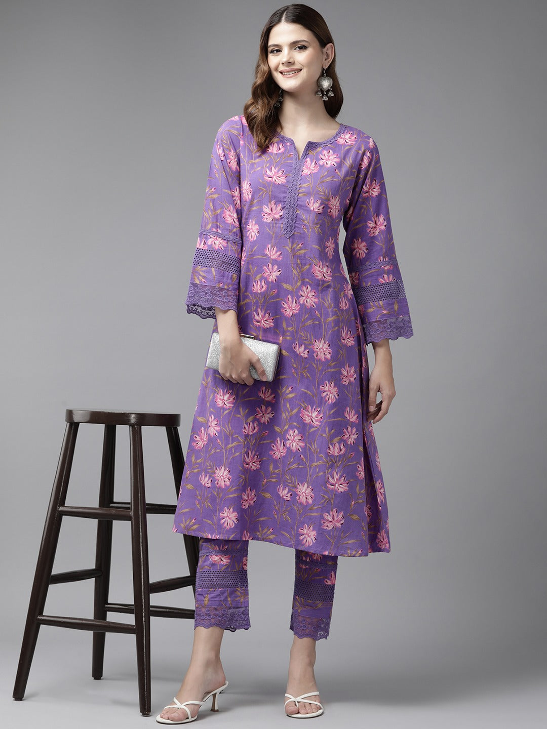 Purple Pure Cotton kurta set with embroidery Kurta Trouser Set-Yufta Store