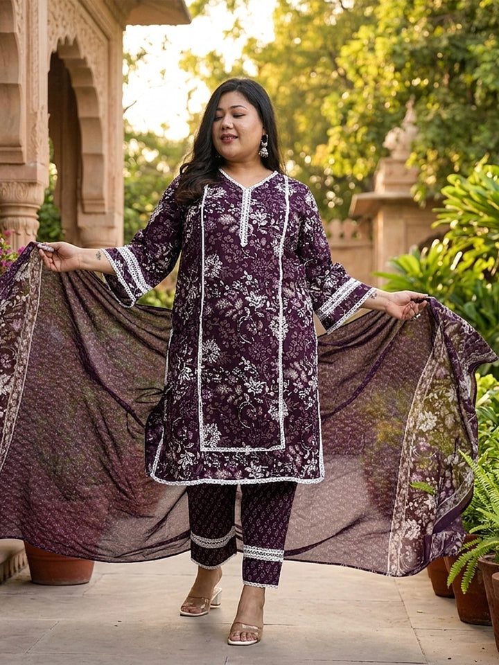 Purple Cotton Straight Kurta Dupatta Set (Plus Size)