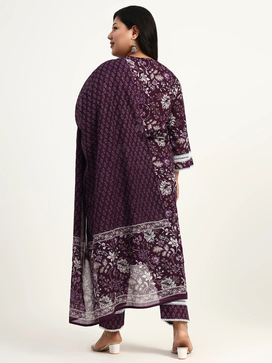 Purple Cotton Straight Kurta Dupatta Set (Plus Size)