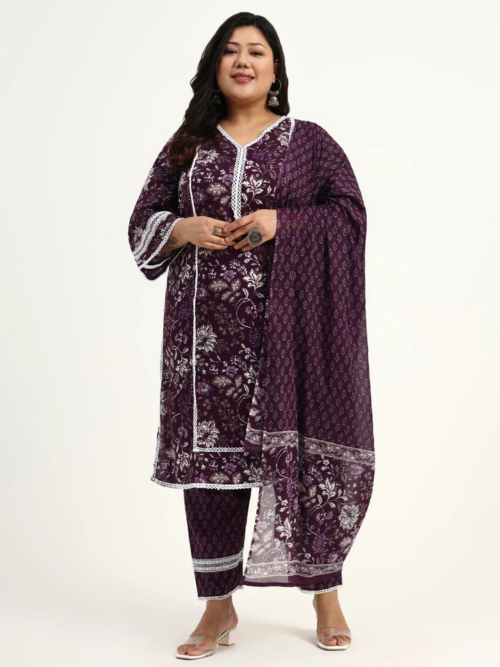 Purple Cotton Straight Kurta Dupatta Set (Plus Size)