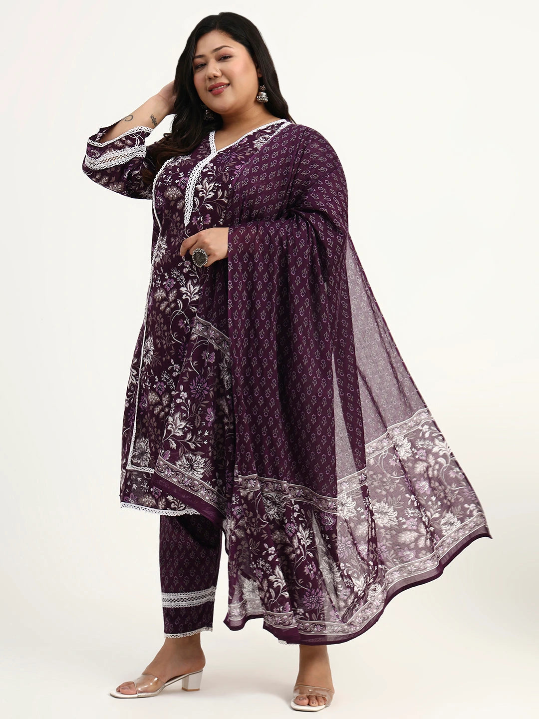 Purple Cotton Straight Kurta Dupatta Set (Plus Size)