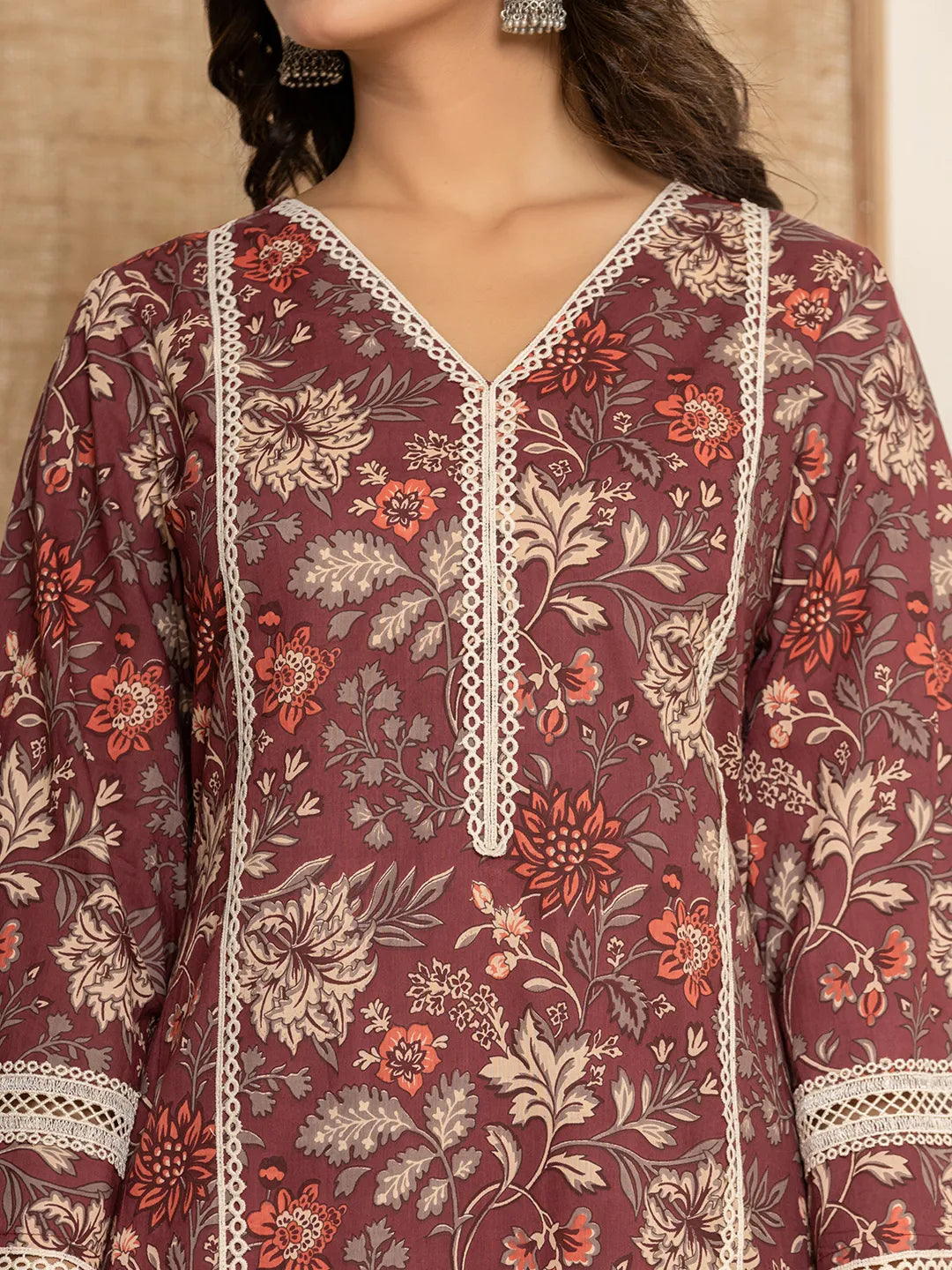 Maroon Floral Print Cotton Straight Style Kurta And Trouser With Dupatta