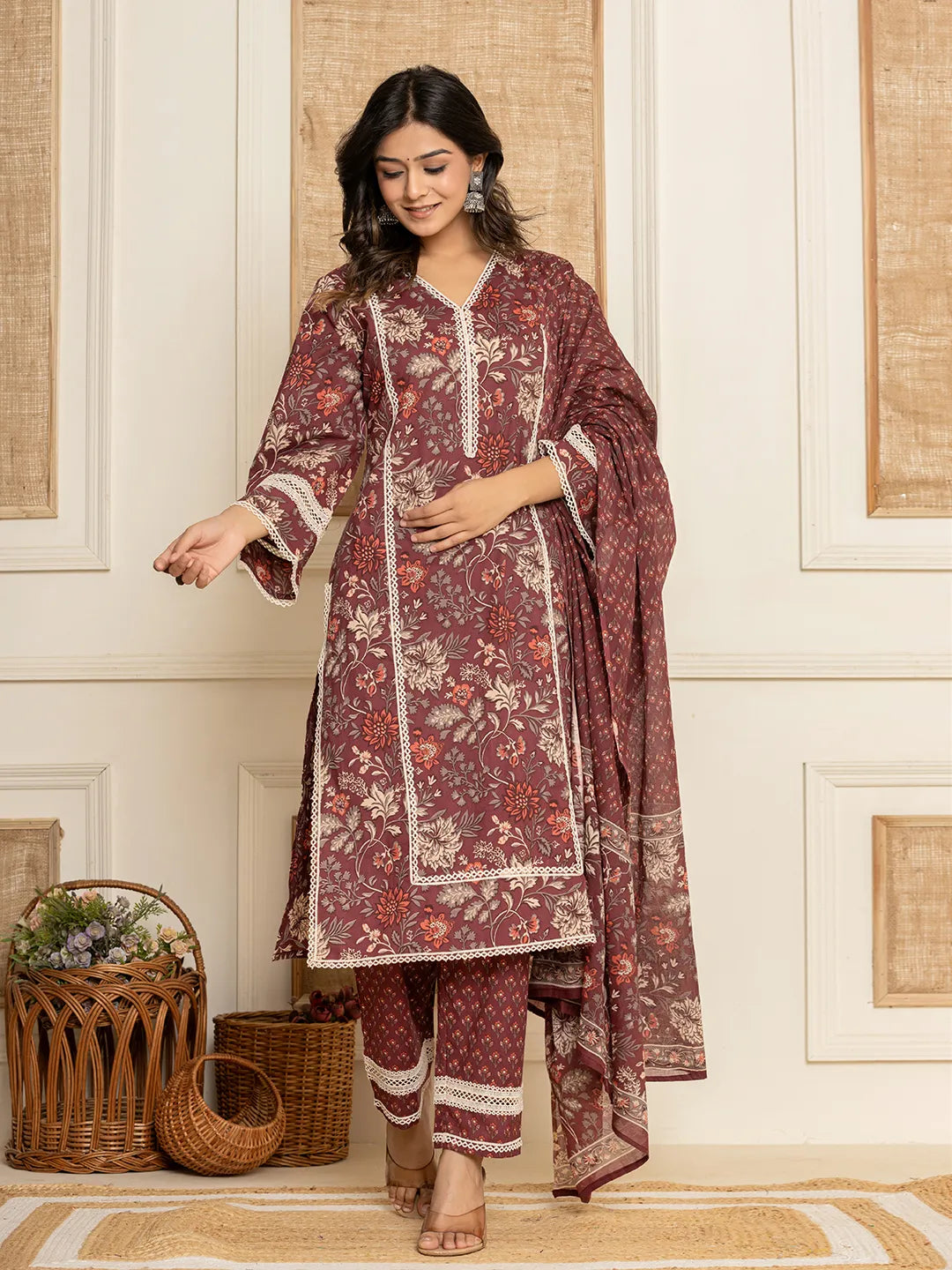 Maroon Floral Print Cotton Straight Style Kurta And Trouser With Dupatta