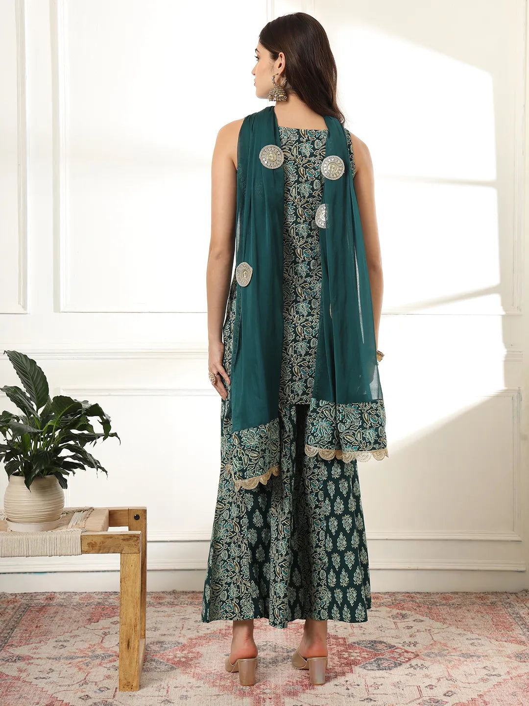 Cotton Green Kurta Palazzo Set-Yufta Store-1853SKDGRS