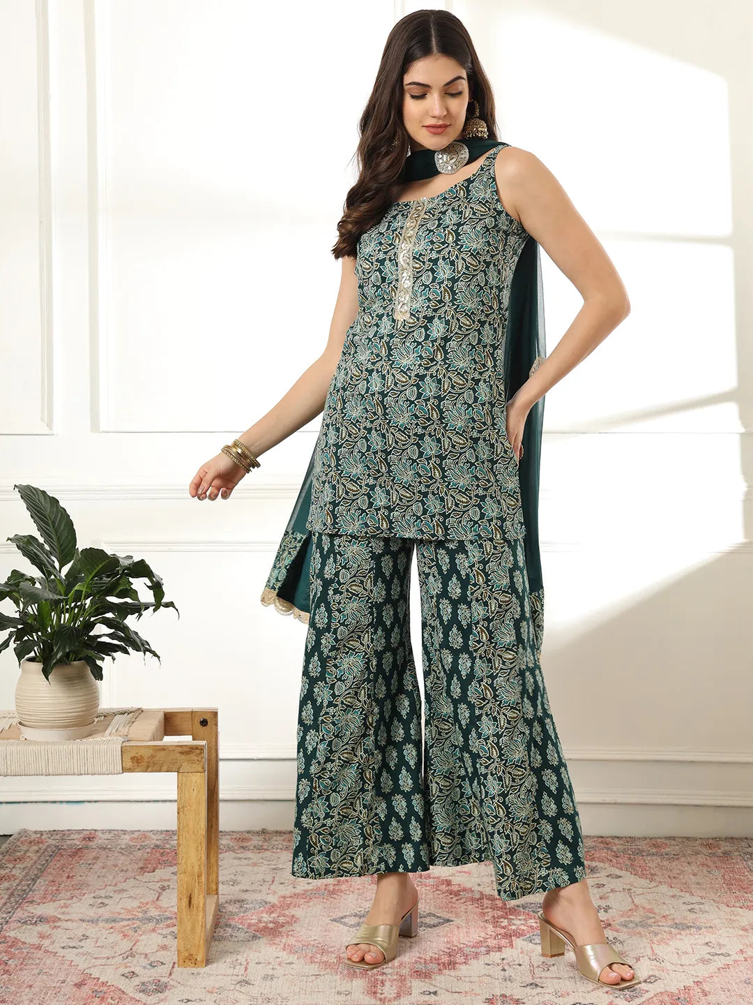 Cotton Green Kurta Palazzo Set-Yufta Store-1853SKDGRS