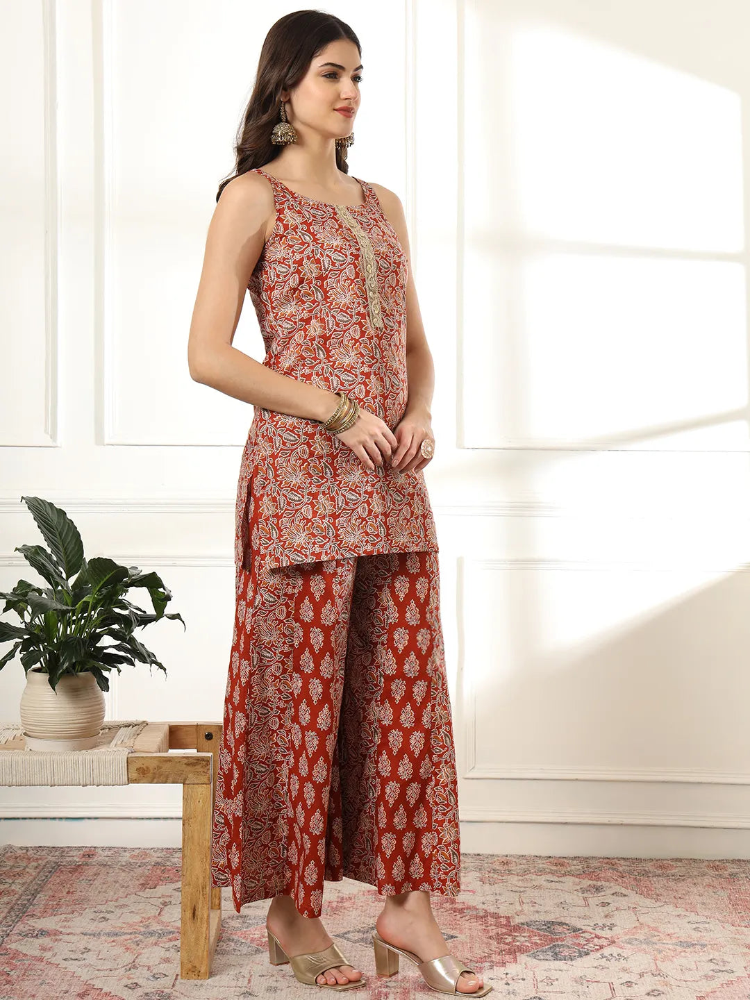 Cotton Rust Kurta Sharara Set-Yufta Store-1853SKDRTS