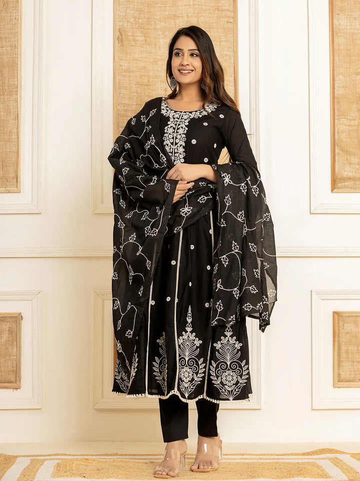 Black Cotton Embroidered Kurta Set With Dupatta Set