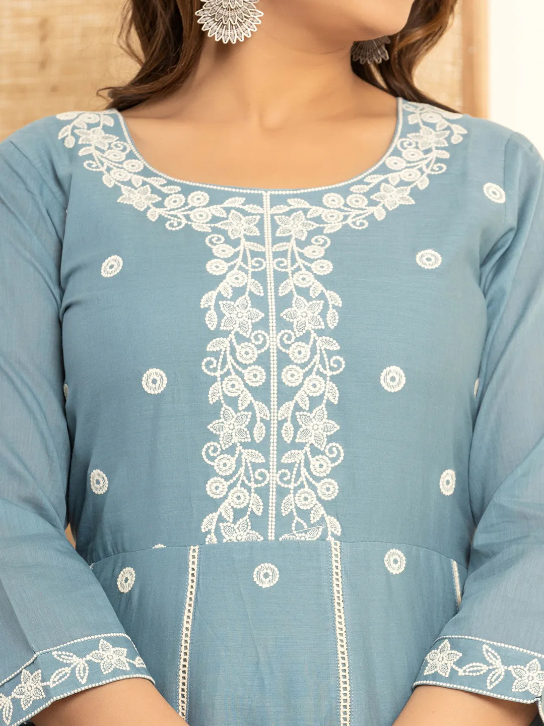 Blue Cotton Embroidered Kurta Set With Dupatta Set