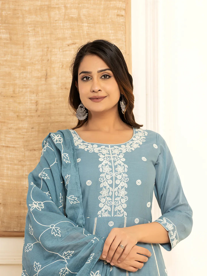 Blue Cotton Embroidered Kurta Set With Dupatta Set