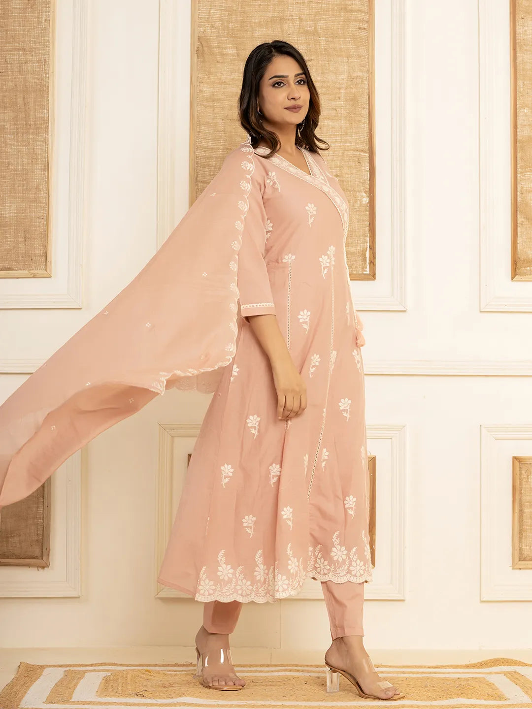 Peach Cotton Embroidered Kurta Set With Dupatta Set-Yufta Store-1876SKDPCS