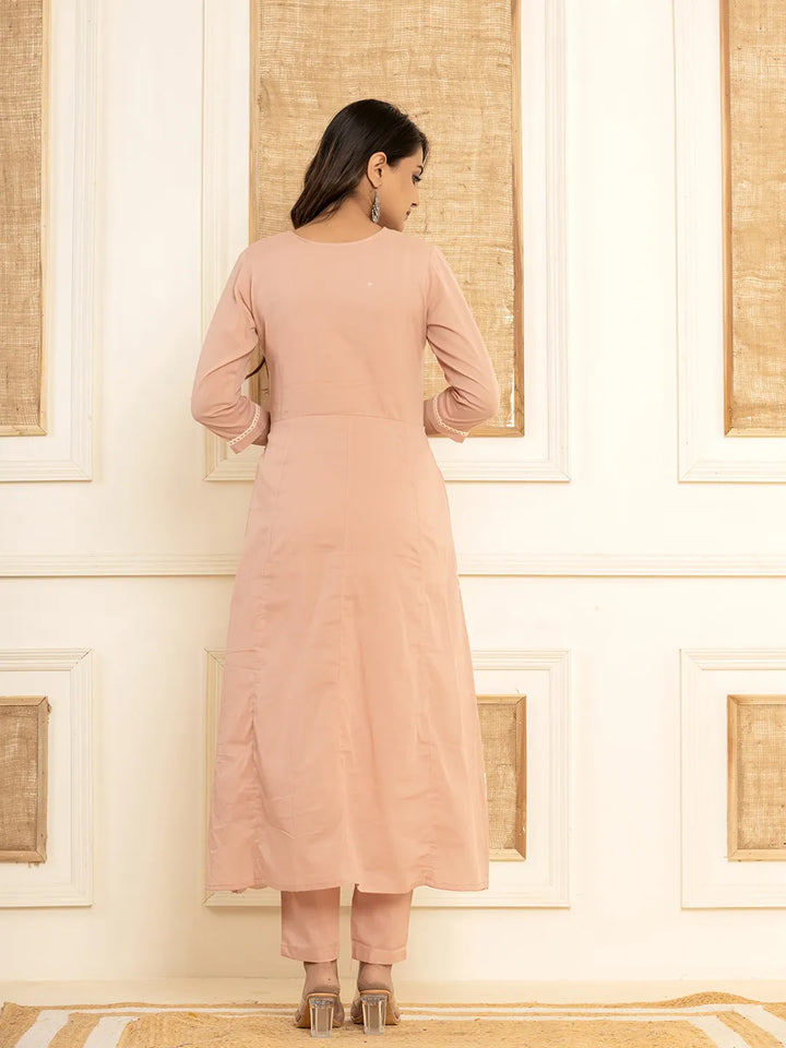 Peach Cotton Embroidered Kurta Set With Dupatta Set-Yufta Store-1876SKDPCS