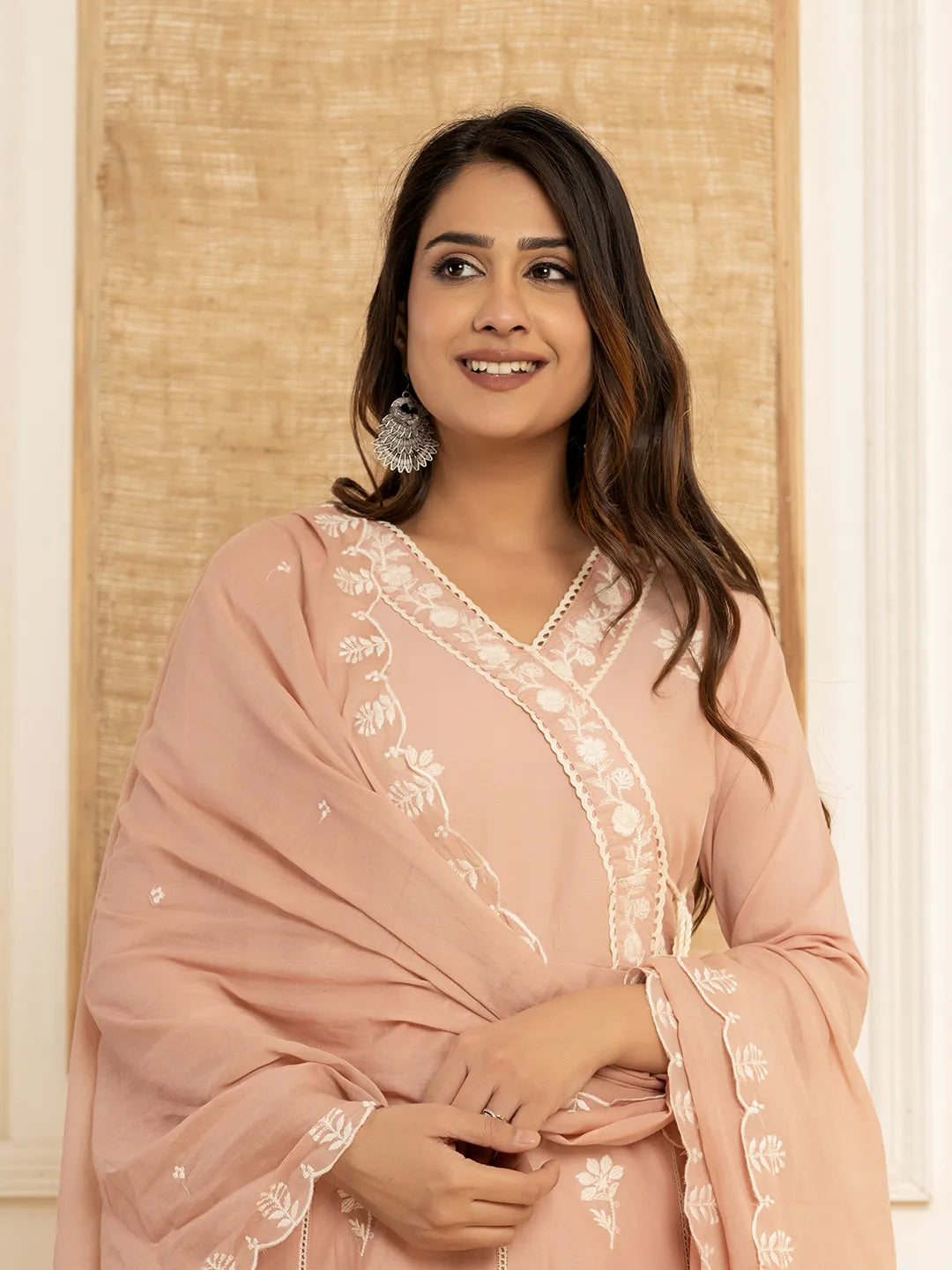 Peach Cotton Embroidered Kurta Set With Dupatta Set-Yufta Store-1876SKDPCS