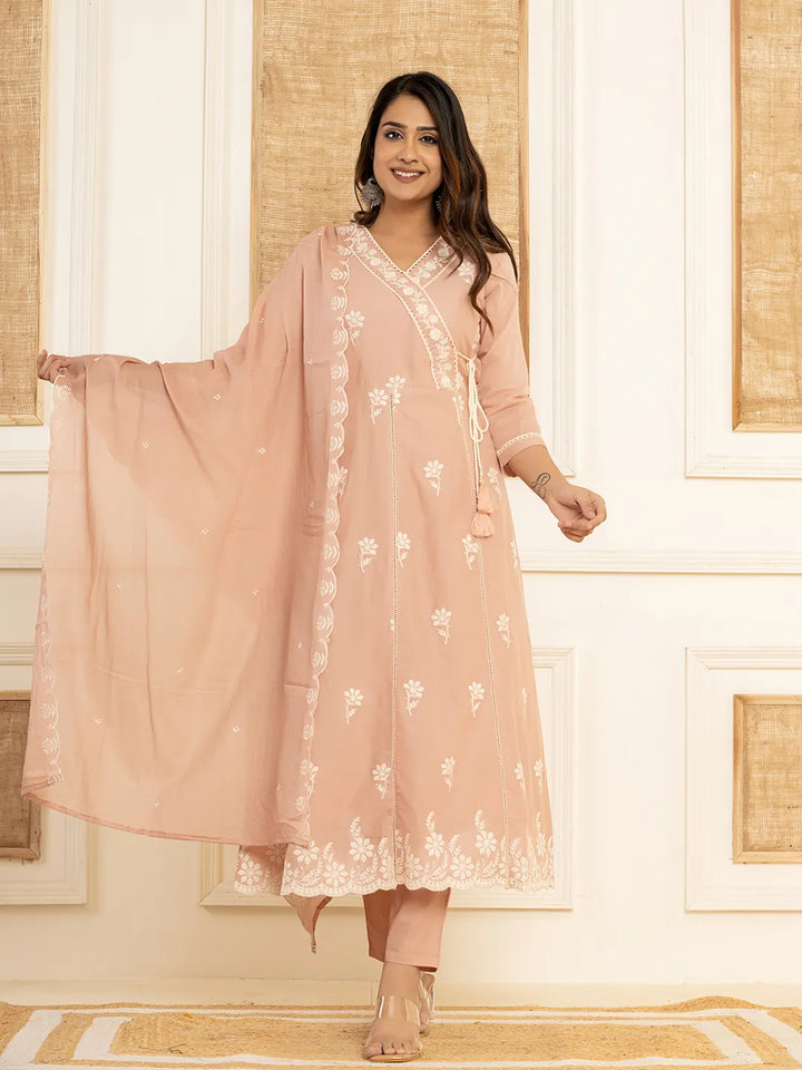 Peach Cotton Embroidered Kurta Set With Dupatta Set-Yufta Store-1876SKDPCS