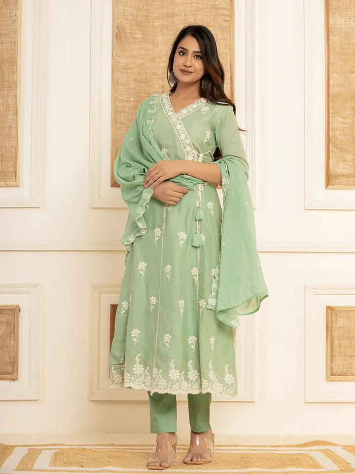 Sea Green Cotton Embroidered Kurta Set With Dupatta Set-Yufta Store-1876SKDSGS