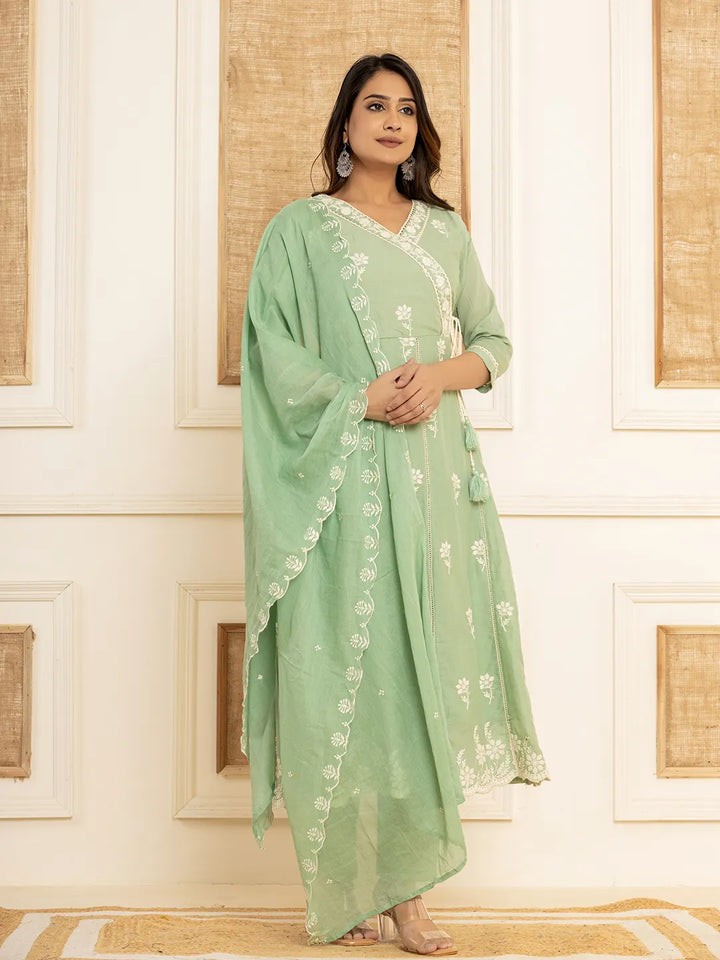 Sea Green Cotton Embroidered Kurta Set With Dupatta Set-Yufta Store-1876SKDSGS