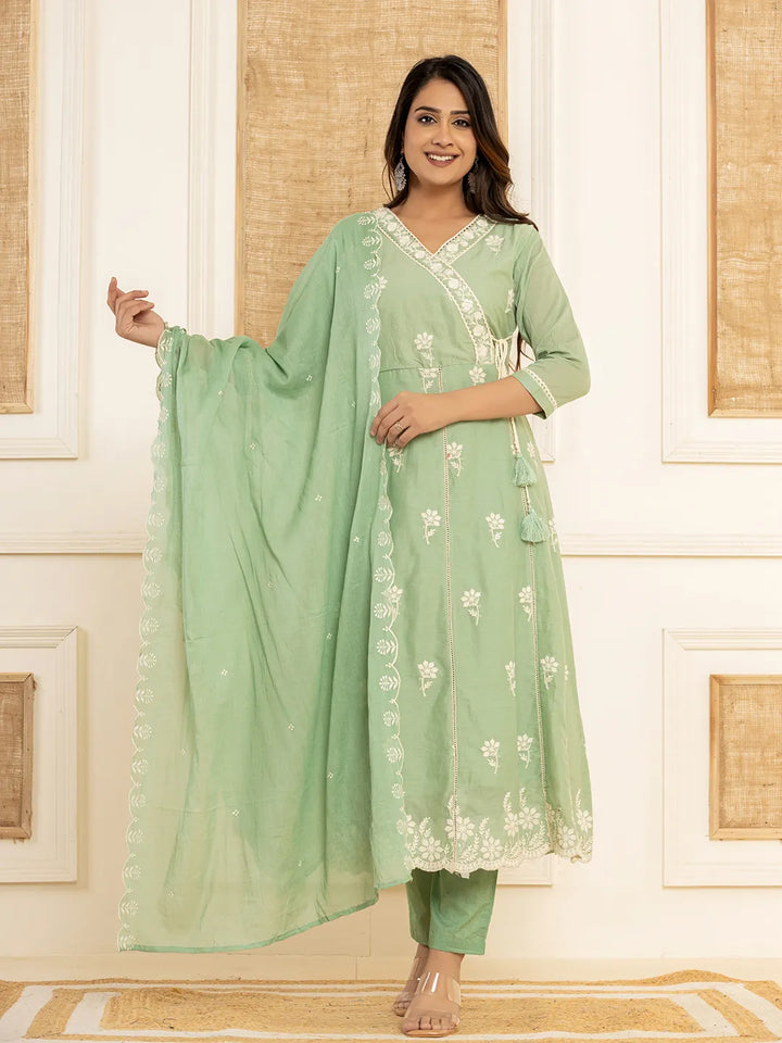 Sea Green Cotton Embroidered Kurta Set With Dupatta Set-Yufta Store-1876SKDSGS