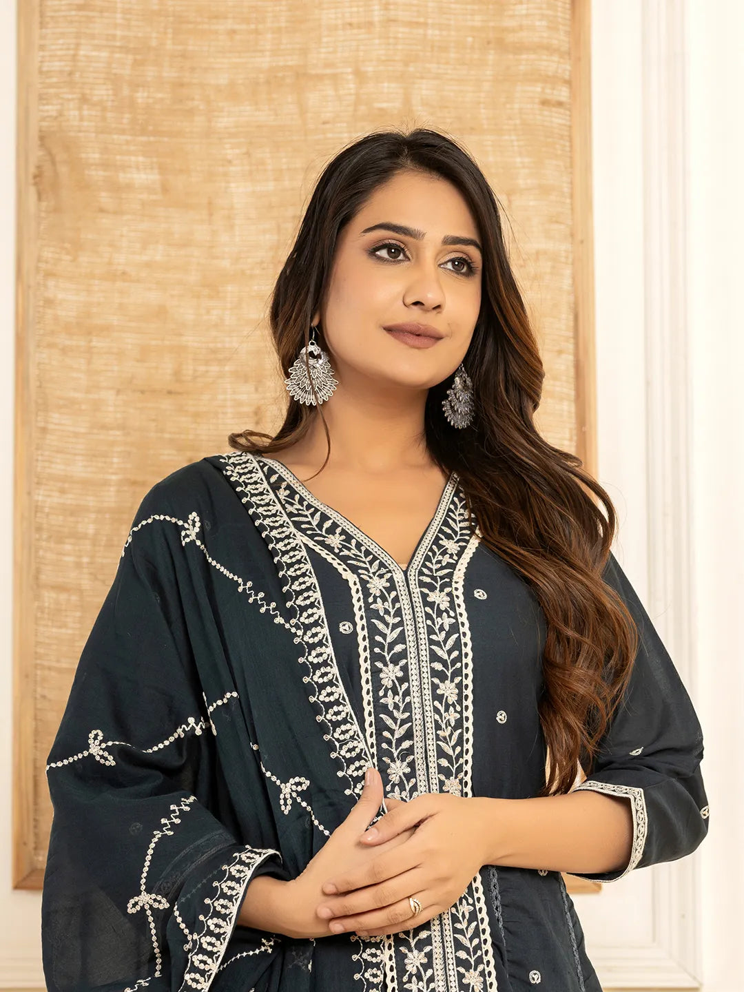 Navy Blue Cotton Embroidered Kurta Set With Dupatta – Yufta Store