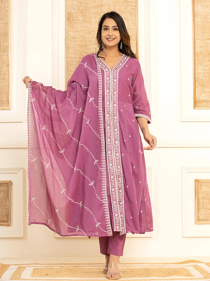 Purple Cotton Embroidered Kurta Set With Dupatta