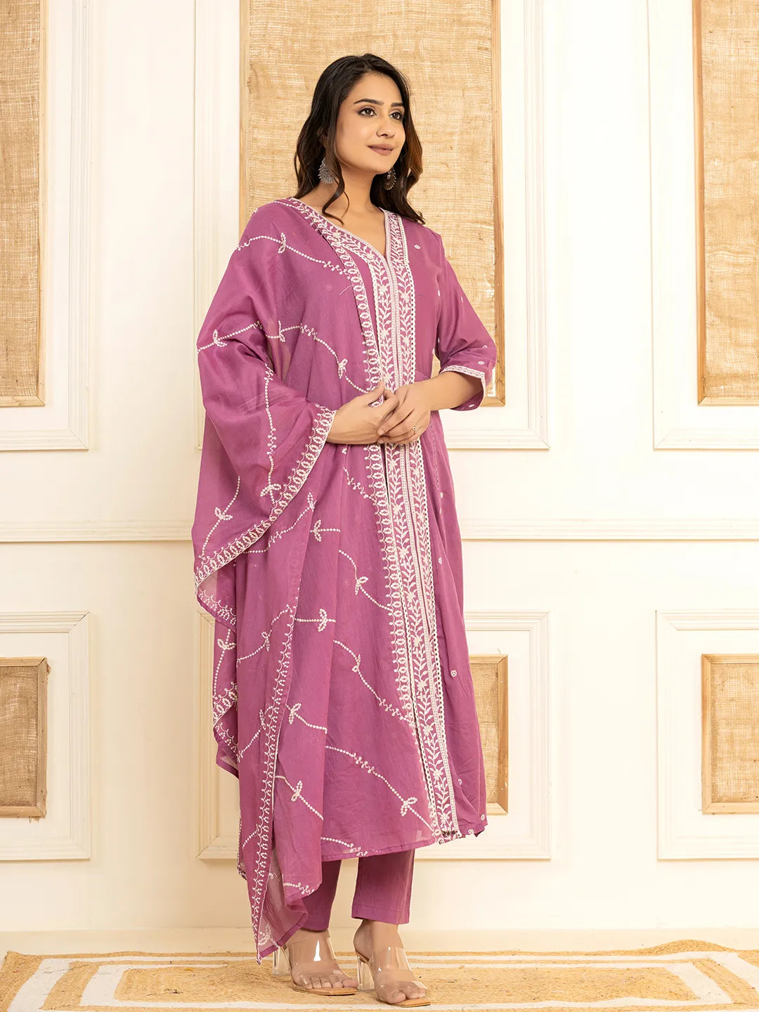 Purple Cotton Embroidered Kurta Set With Dupatta