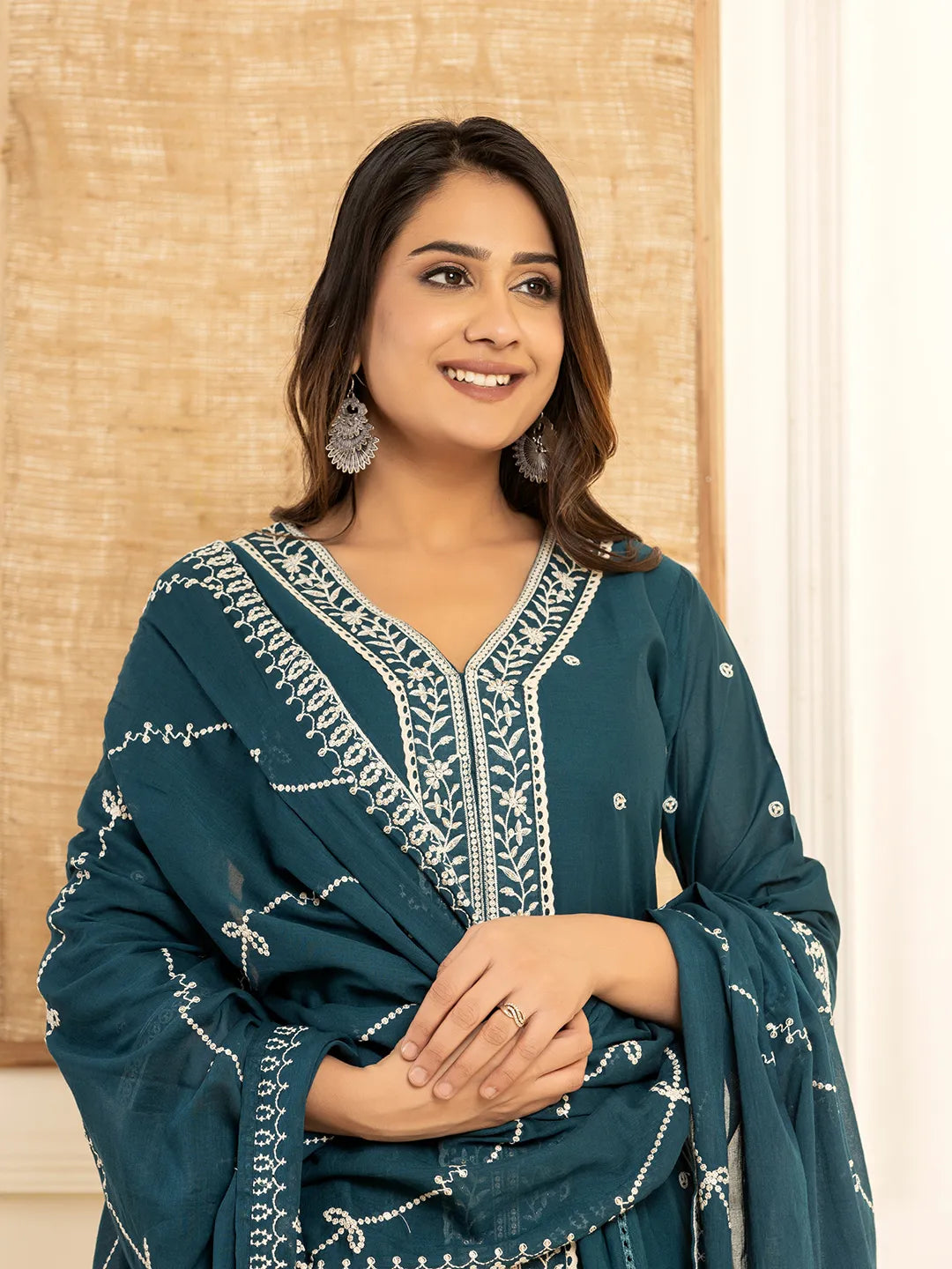 Teal Blue Cotton Embroidered Kurta Set With Dupatta – Yufta Store