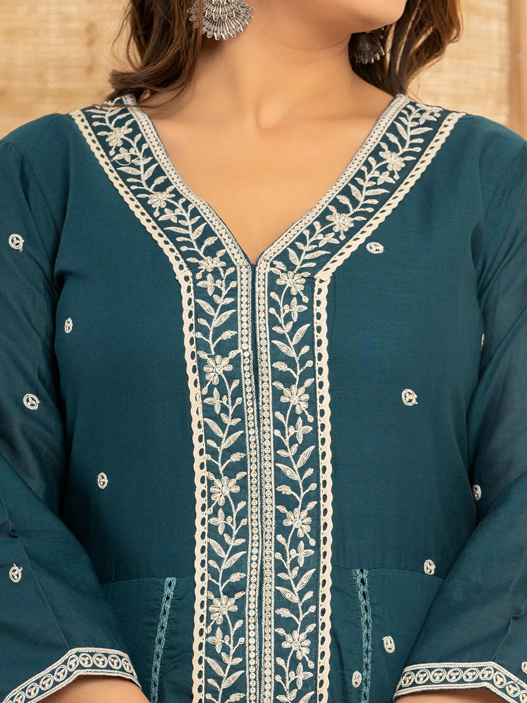 Teal Blue Cotton Embroidered Kurta Set With Dupatta