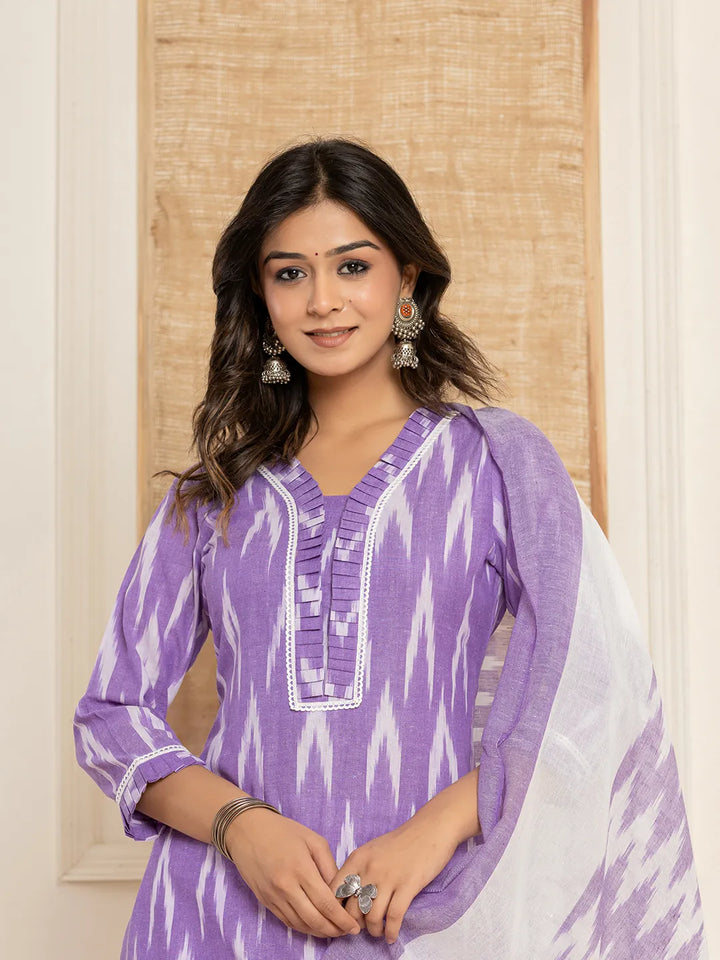 Purple Ikat Print Straight Strappy Kurta Trouser And Dupatta Set-Yufta Store-1893SKDPRS