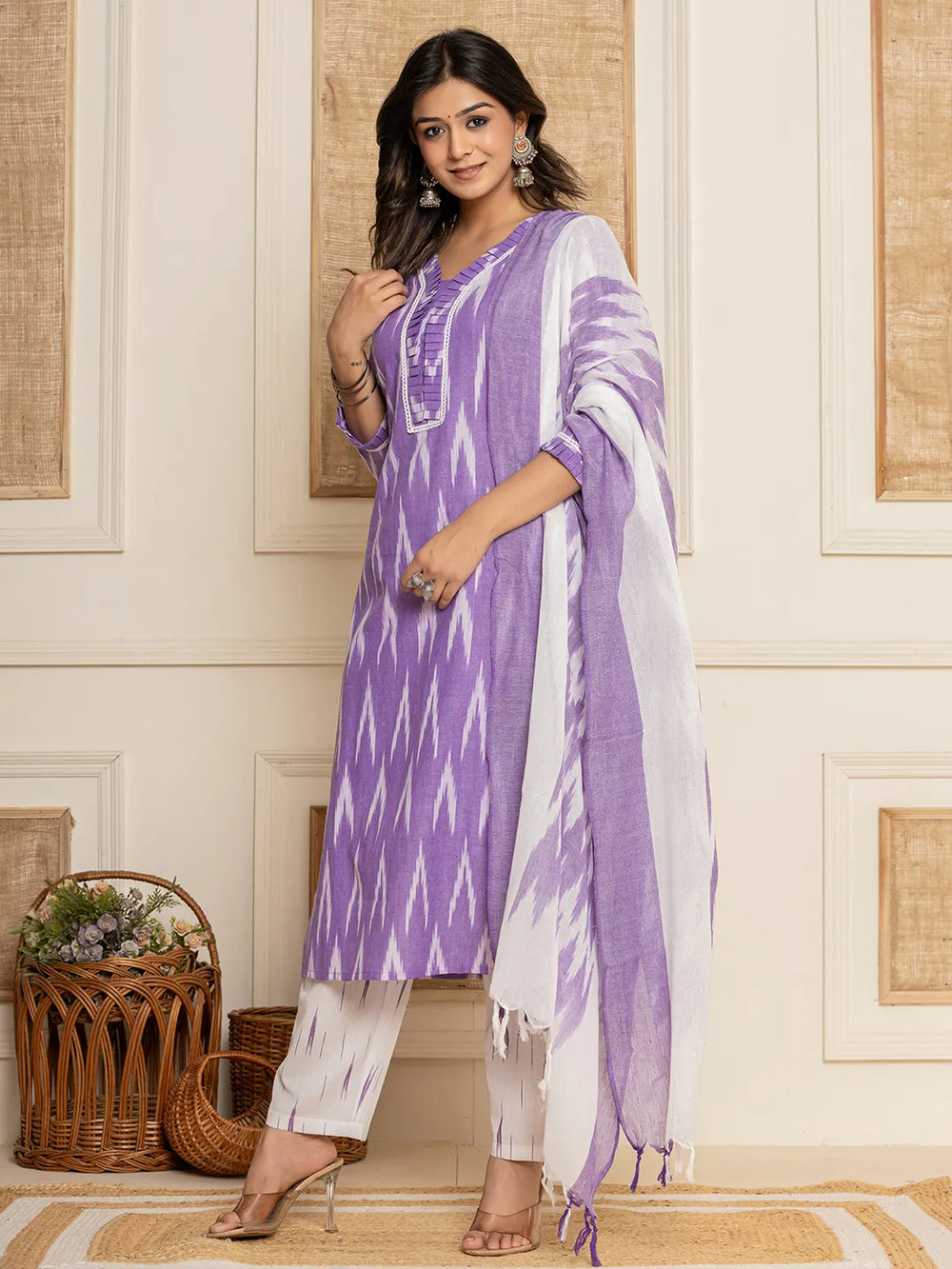 Purple Ikat Print Straight Strappy Kurta Trouser And Dupatta Set-Yufta Store-1893SKDPRS