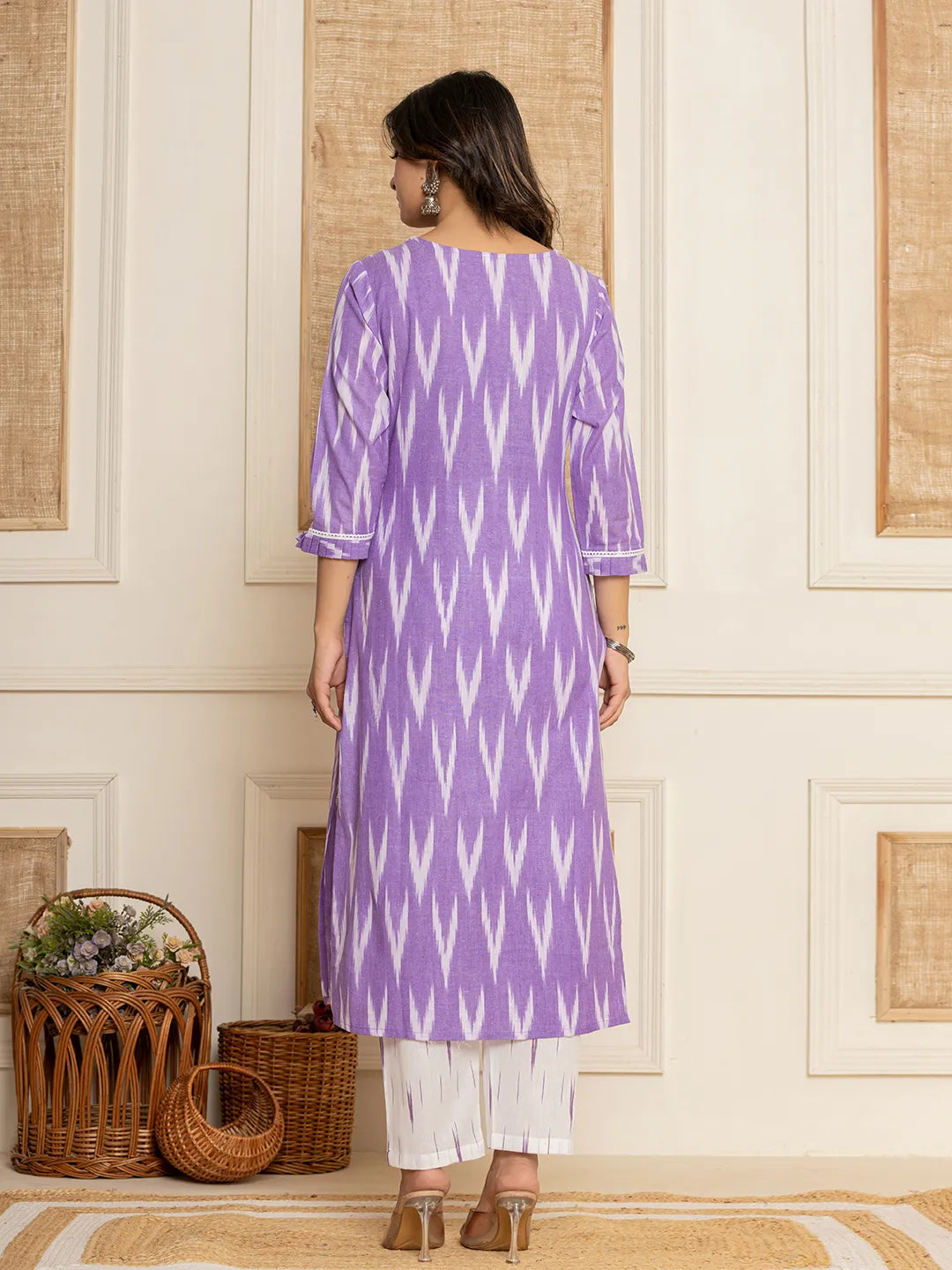 Purple Ikat Print Straight Strappy Kurta Trouser And Dupatta Set-Yufta Store-1893SKDPRS