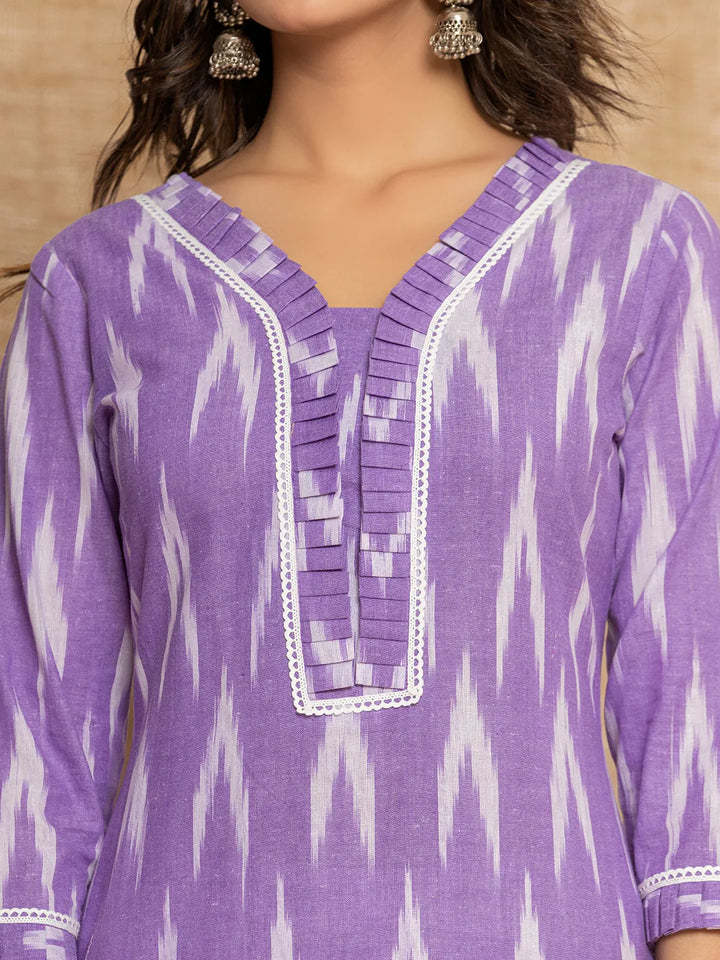 Purple Ikat Print Straight Strappy Kurta Trouser And Dupatta Set-Yufta Store-1893SKDPRS