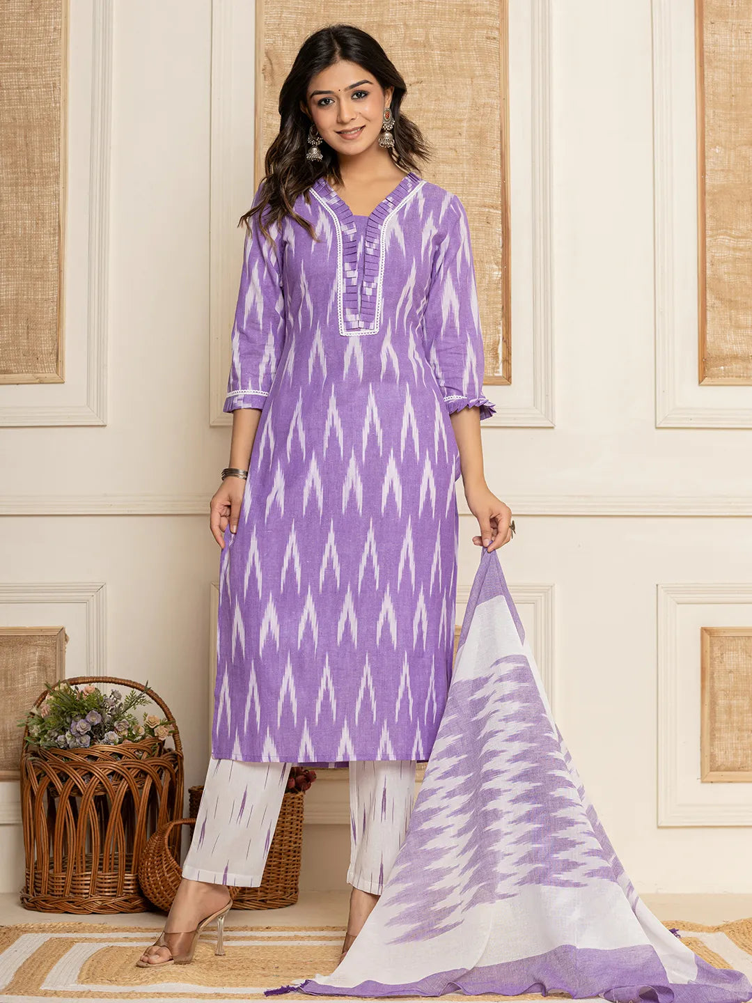 Purple Ikat Print Straight Strappy Kurta Trouser And Dupatta Set-Yufta Store-1893SKDPRS