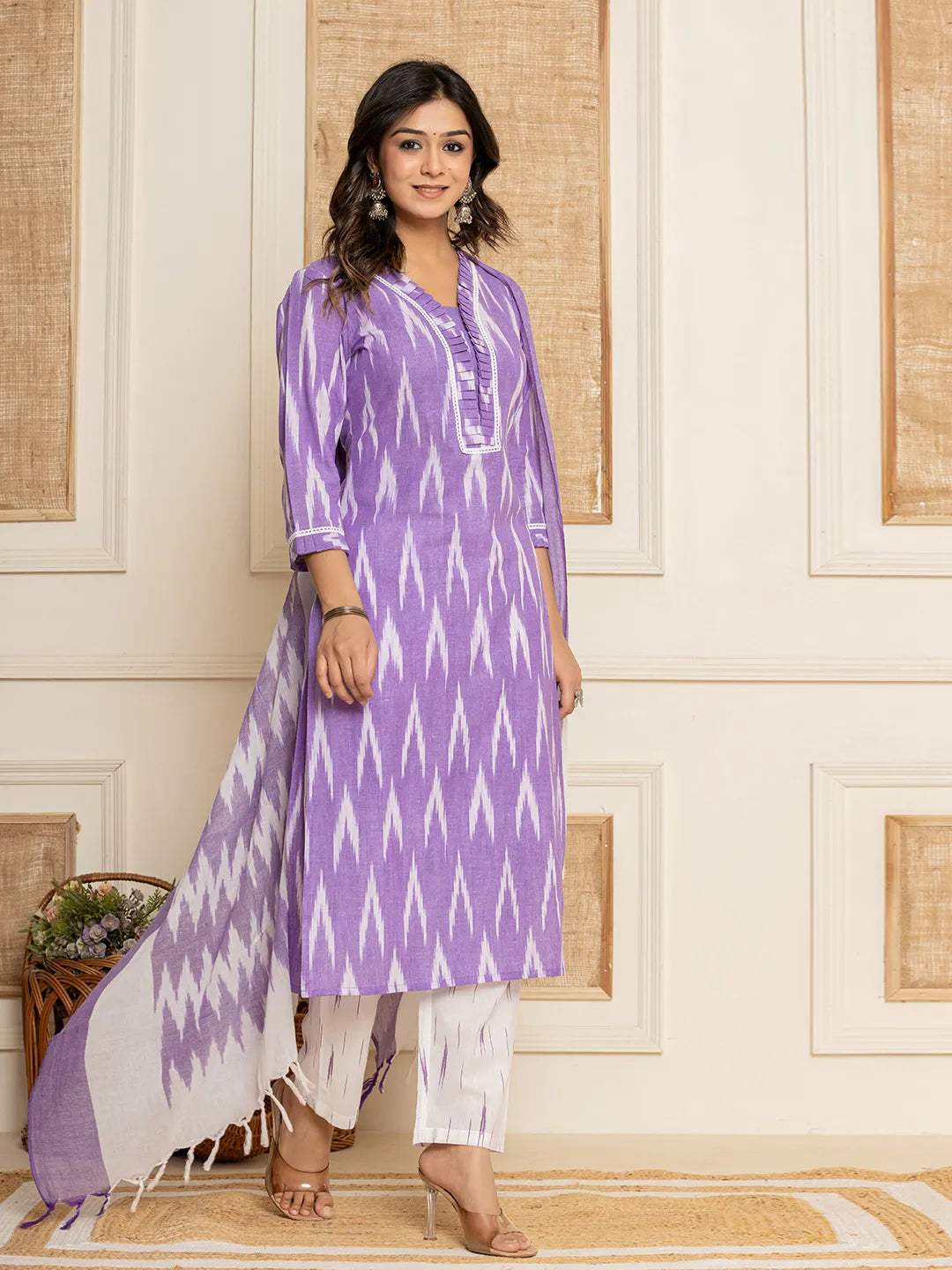 Purple Ikat Print Straight Strappy Kurta Trouser And Dupatta Set-Yufta Store-1893SKDPRS