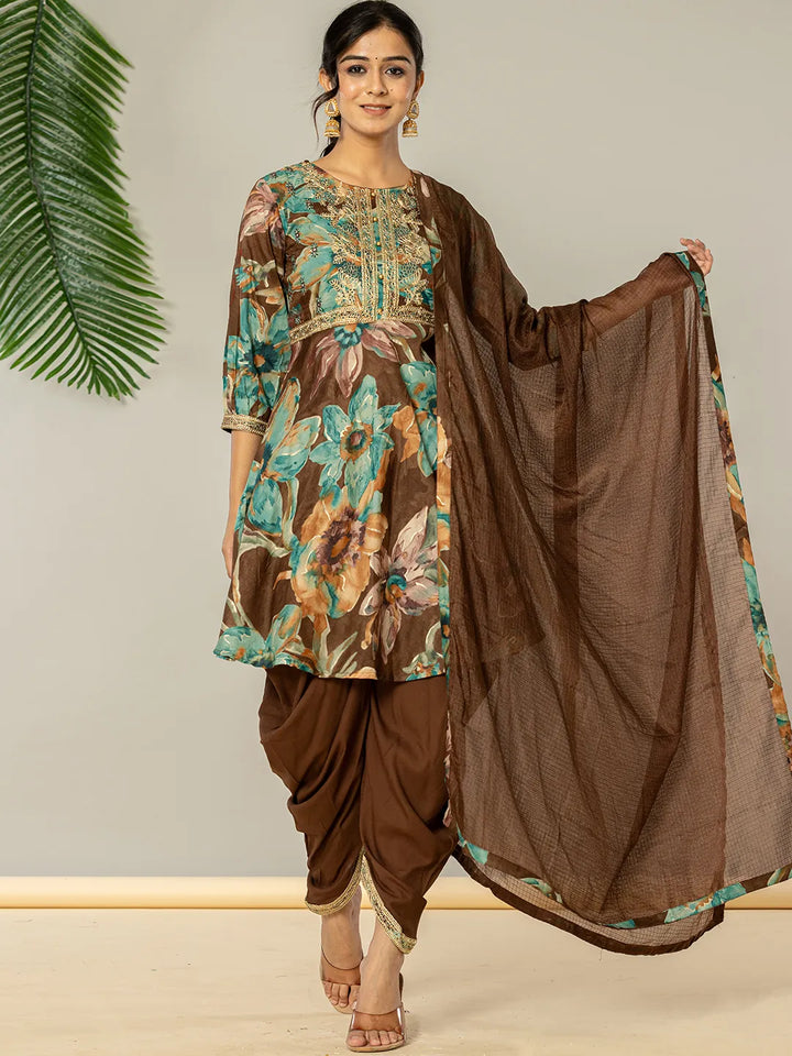 Cotton Brown Zari_Work Kurta Dhoti Dupatta Set