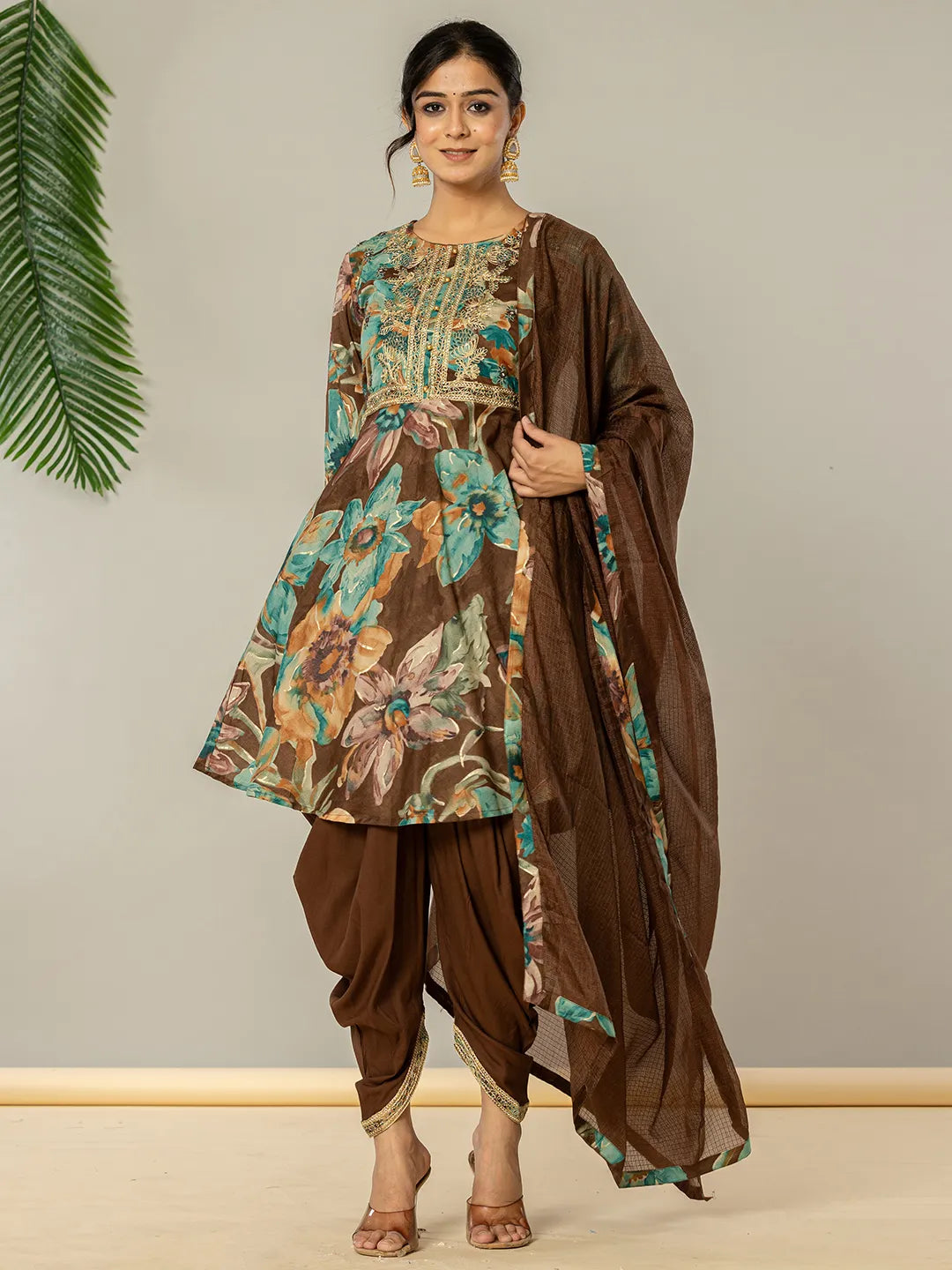 Cotton Brown Zari_Work Kurta Dhoti Dupatta Set