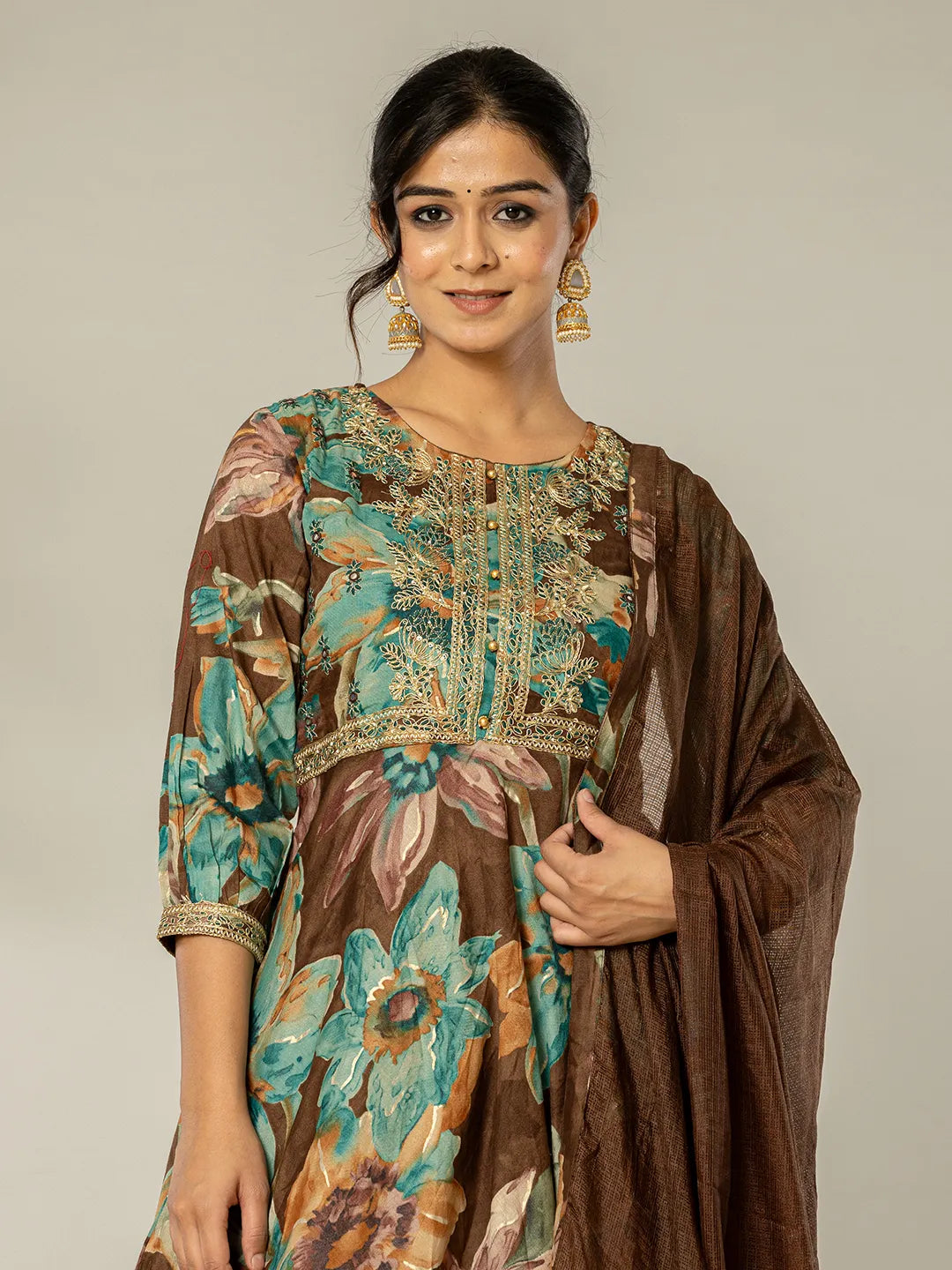 Cotton Brown Zari_Work Kurta Dhoti Dupatta Set